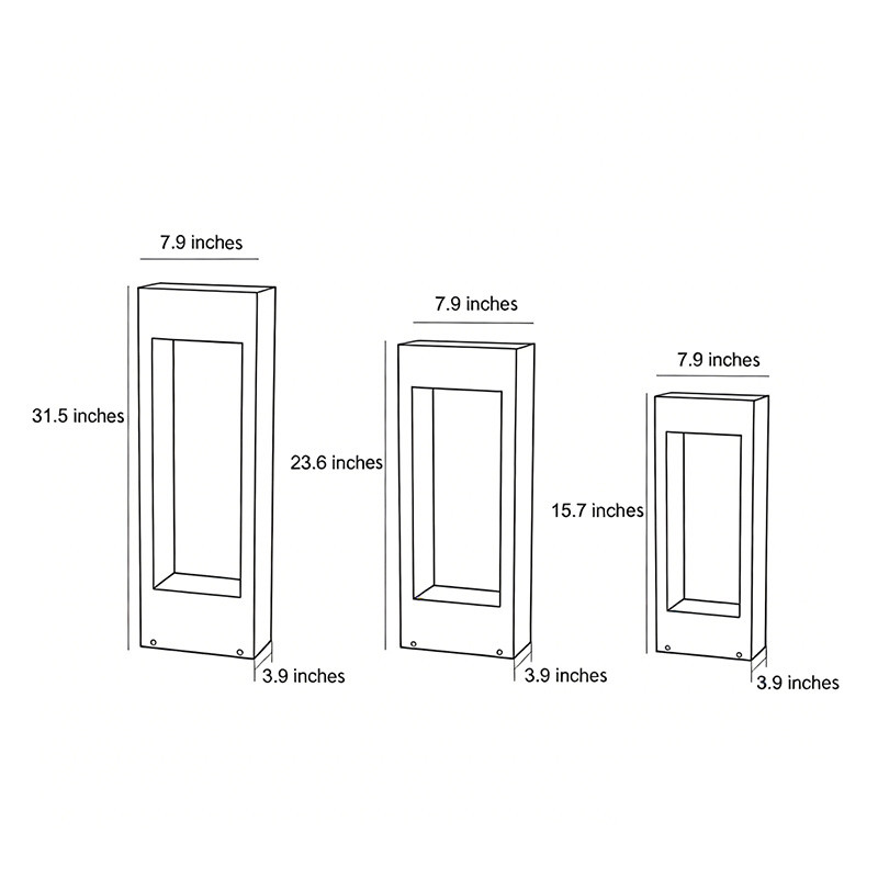 Three size diagrams for black bollard lights.