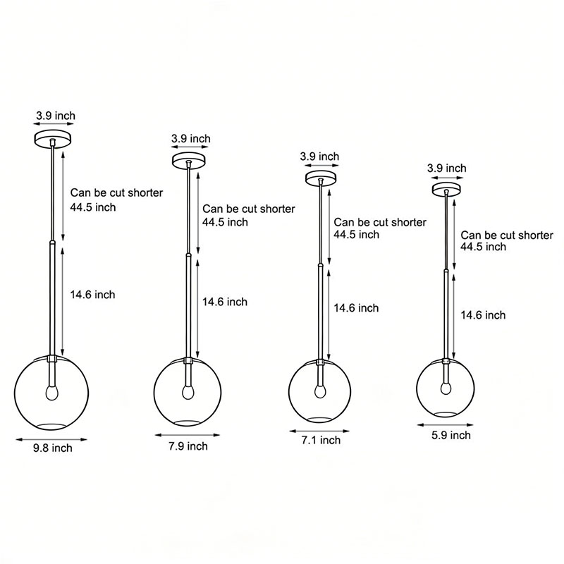 Four product size diagrams of clear glass globe pendant light.