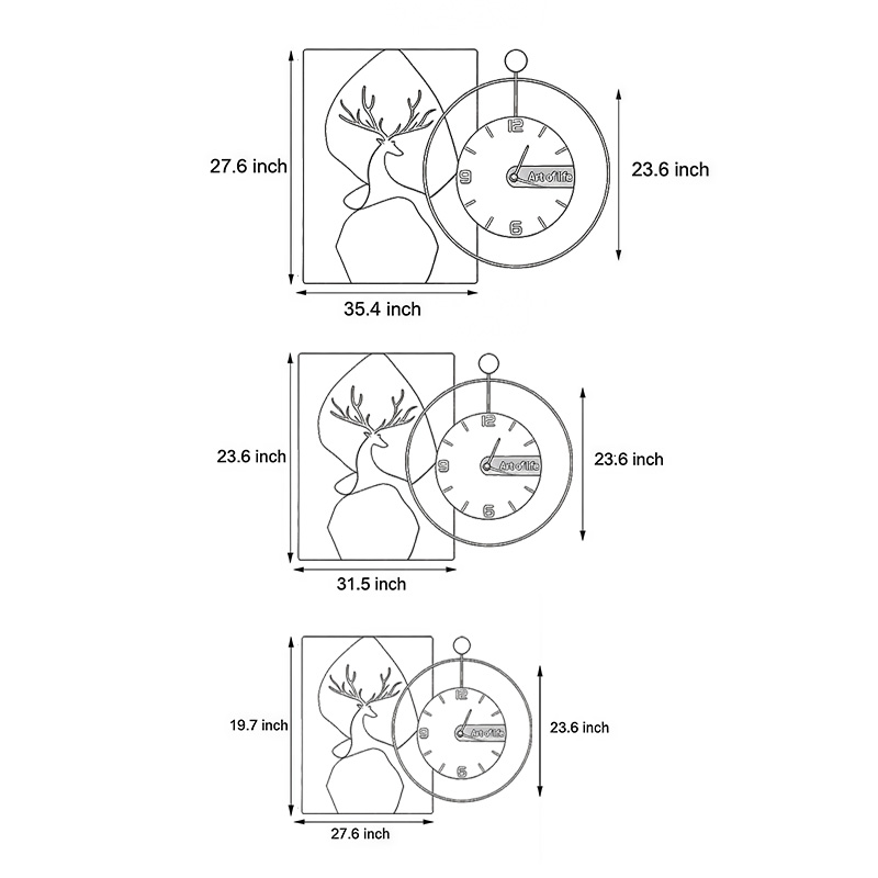 Three product dimension diagrams of wall clock light.