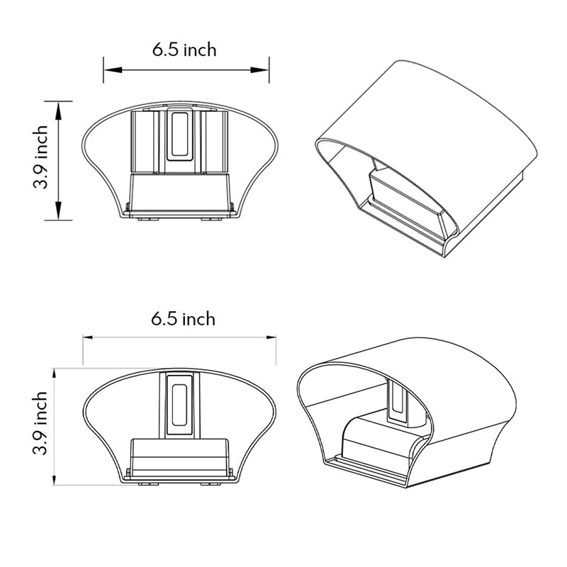 Product dimension diagrams of two types of outdoor up/down wall lights.