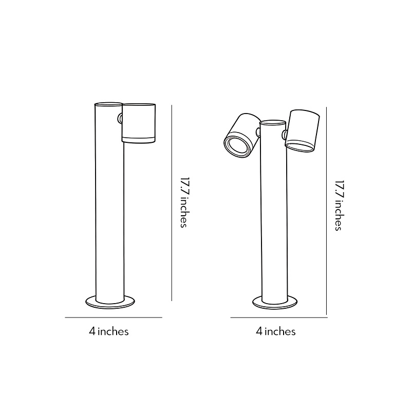 Two dimension drawings for the double light bollard light.