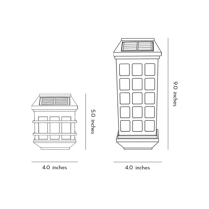 Two different size diagrams for solar outdoor wall lights.