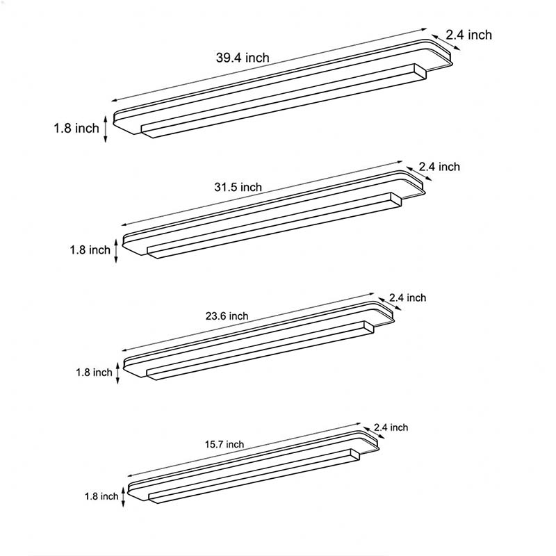 Four product size diagrams for contemporary bathroom vanity lighting.