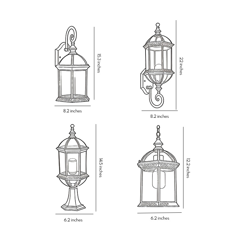 Four size diagrams for the outdoor hanging lights for patios.