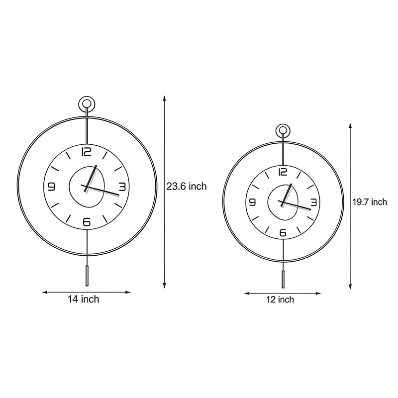 Two product dimension diagrams of the night light wall clock.