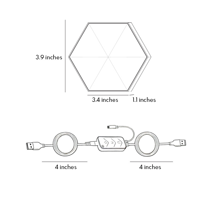 Product dimension diagram of hexagon LED wall lights 3.4inch*3.4inch*1.1inch.