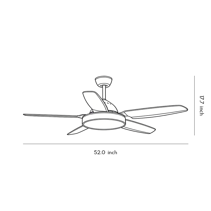 Product structure diagram of a brown ceiling fan with light 17.7inch*52.0inch.