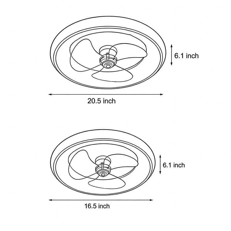Product size diagram for a round ceiling fan with light.