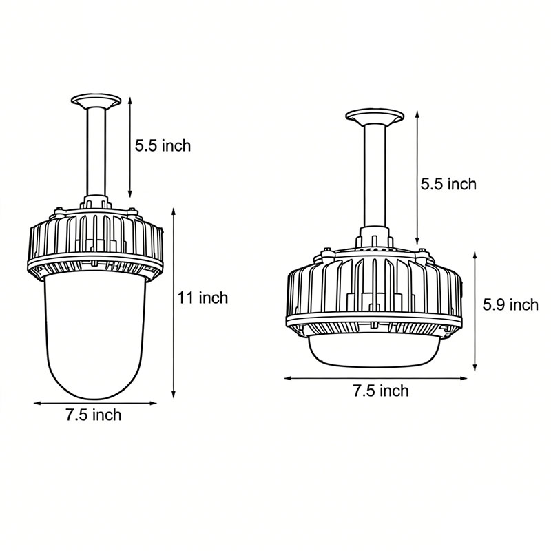 Product dimension diagrams of two types of led lamps for warehouses.