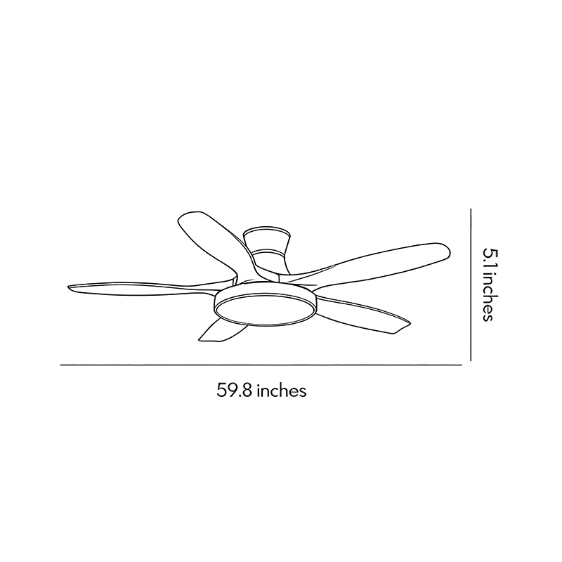 Product dimensions diagram for a living room ceiling fan with lights 59.8inch*5.1inch