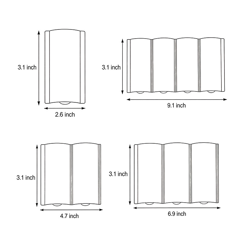 Four different size diagrams of outdoor wall light fixtures (up/down lighting).