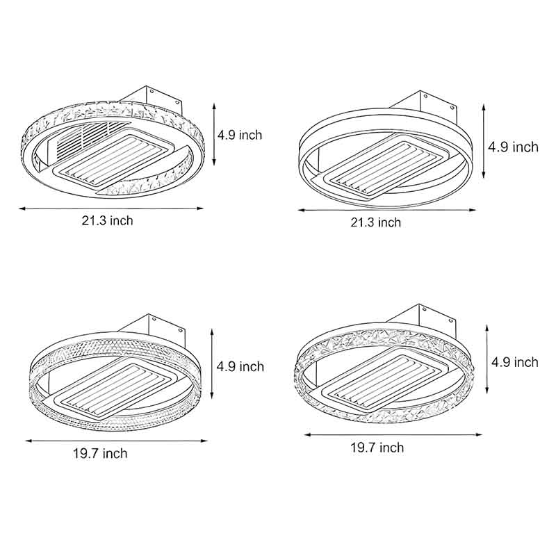 Four product dimension diagrams for bladeless fan lamps.