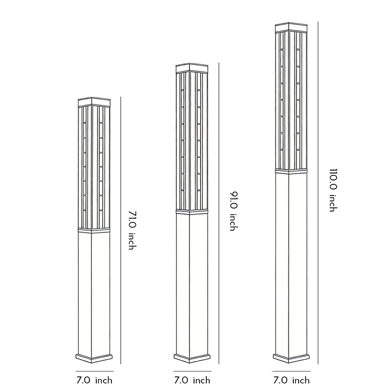 Three different size drawings of the LED marble bollard light.