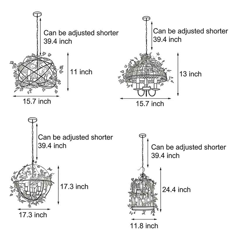 Four product dimension diagrams of hanging greenery with lights.