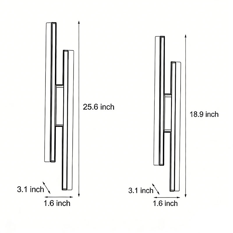 Product size diagrams for two types of side vanity lights for bathrooms.