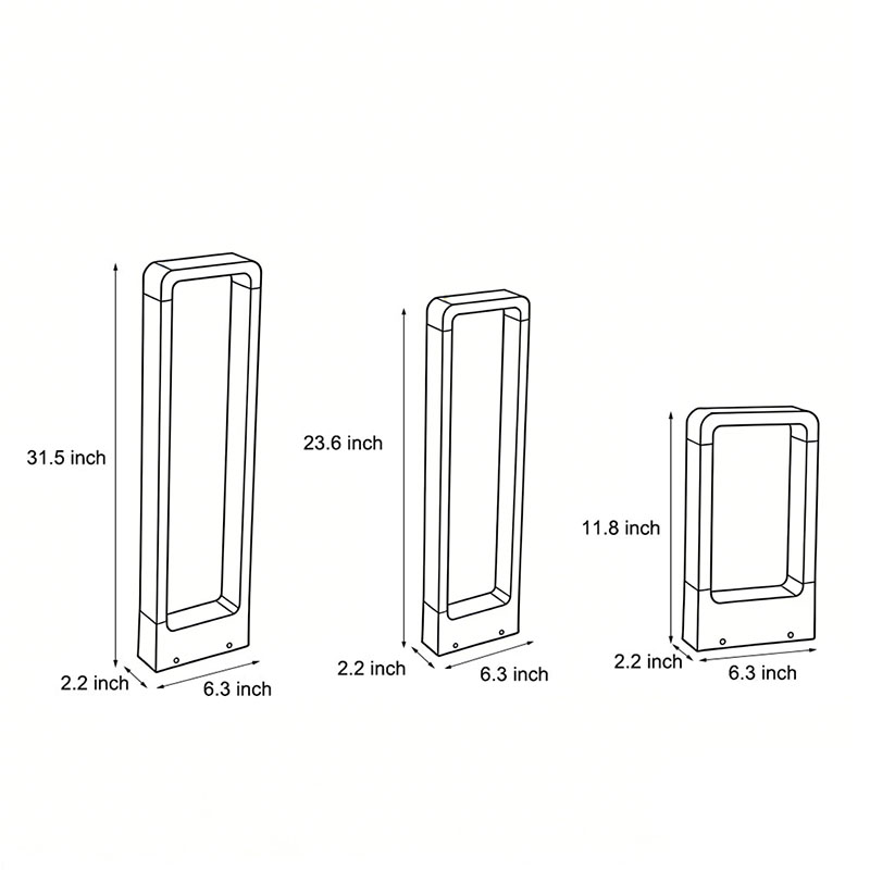 Three dimension drawings of black bollard lights