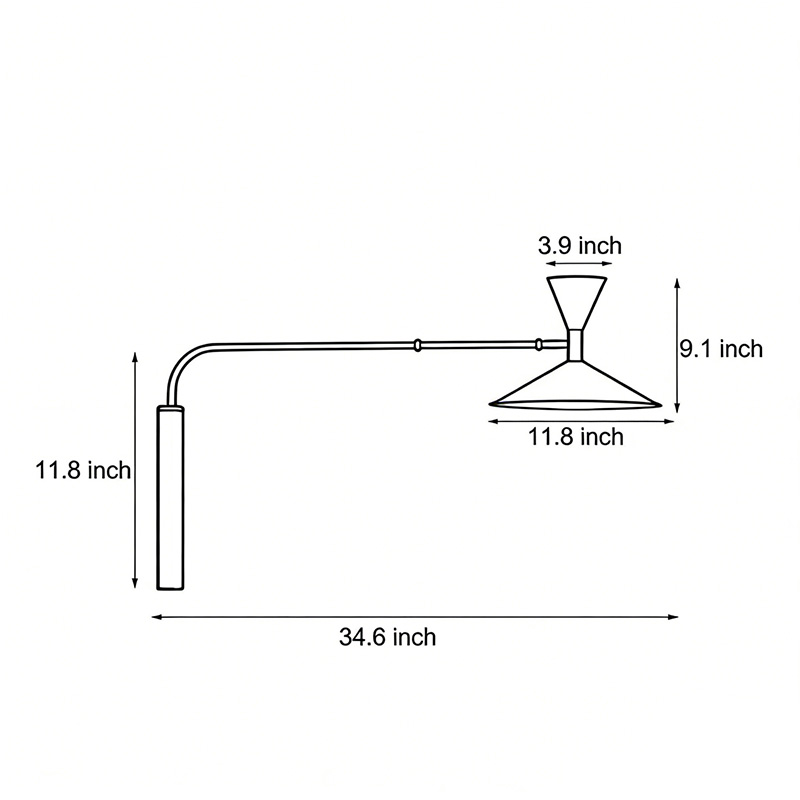 Product dimension diagrams for swing arm wall sconces 34.6inch*11.8inch.