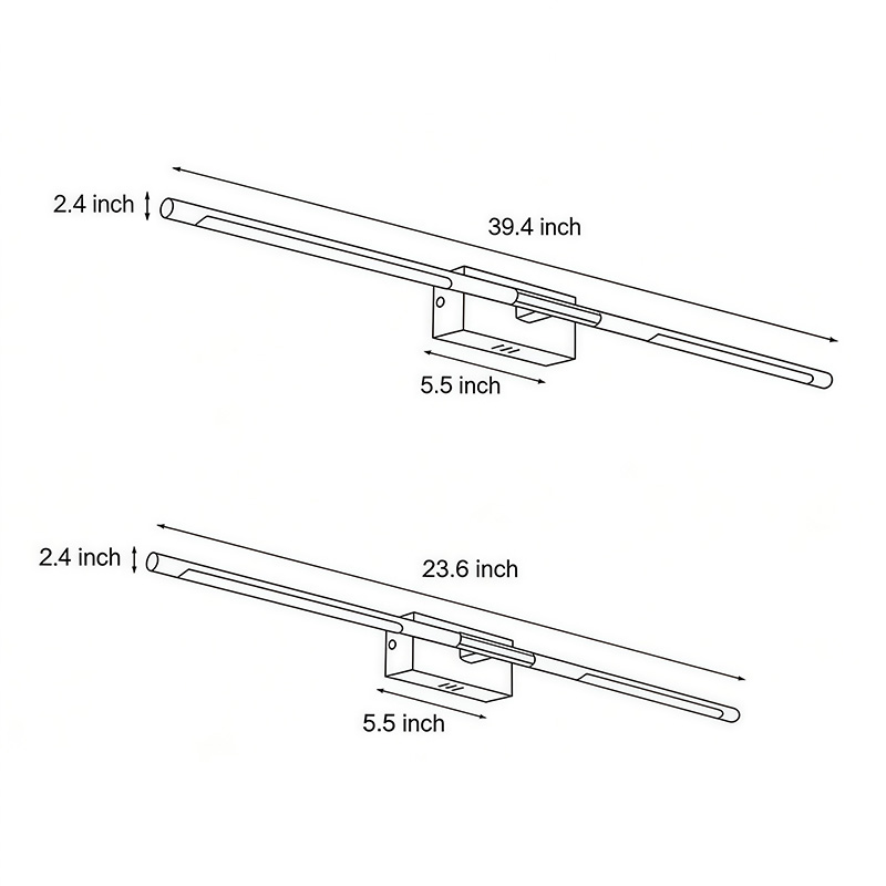 Two product dimension diagrams of the contemporary vanity light bar.