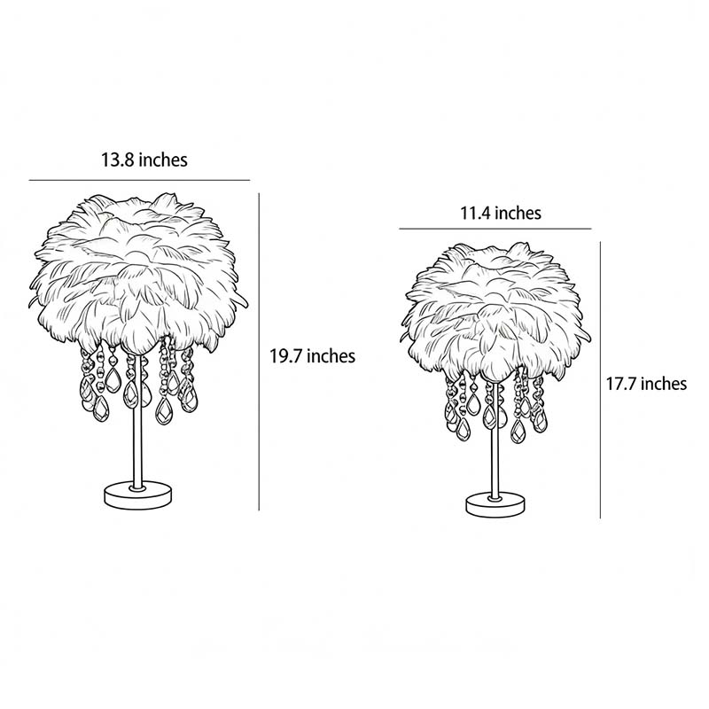 Dimension diagrams of two Feather table lamp products.
