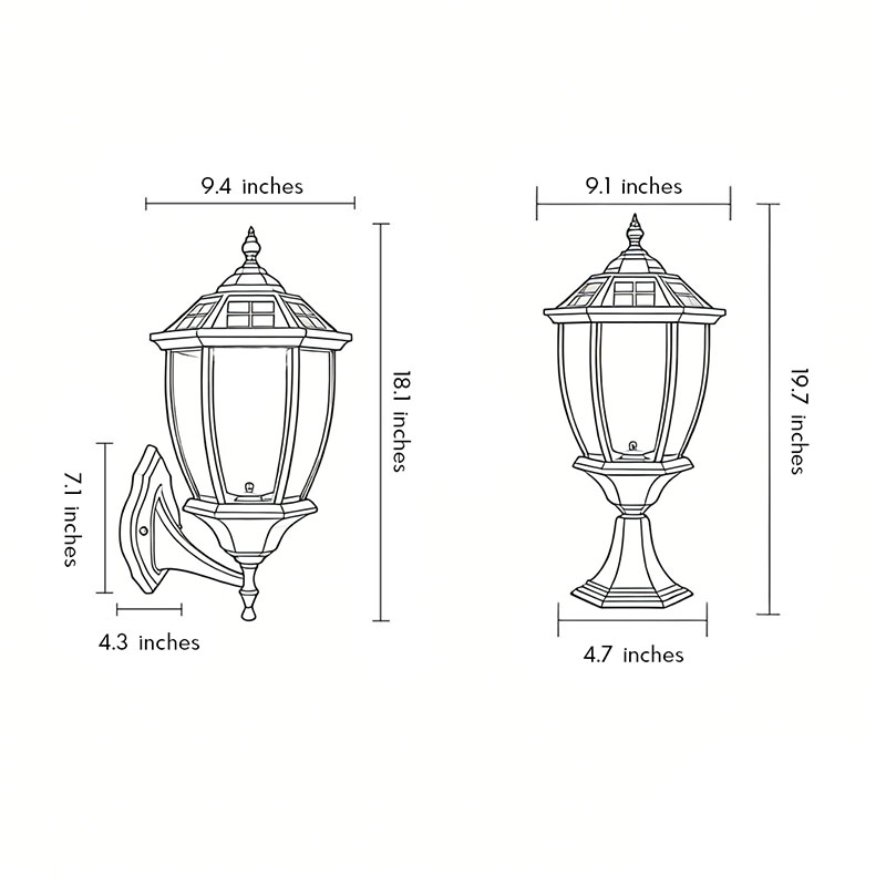 Two product dimension diagrams for solar-powered pillar lights.