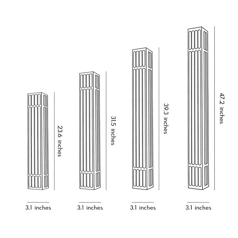 Four product size diagrams for a large outdoor wall light.