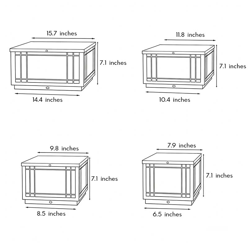 Four product dimension diagrams for square pillar lights.