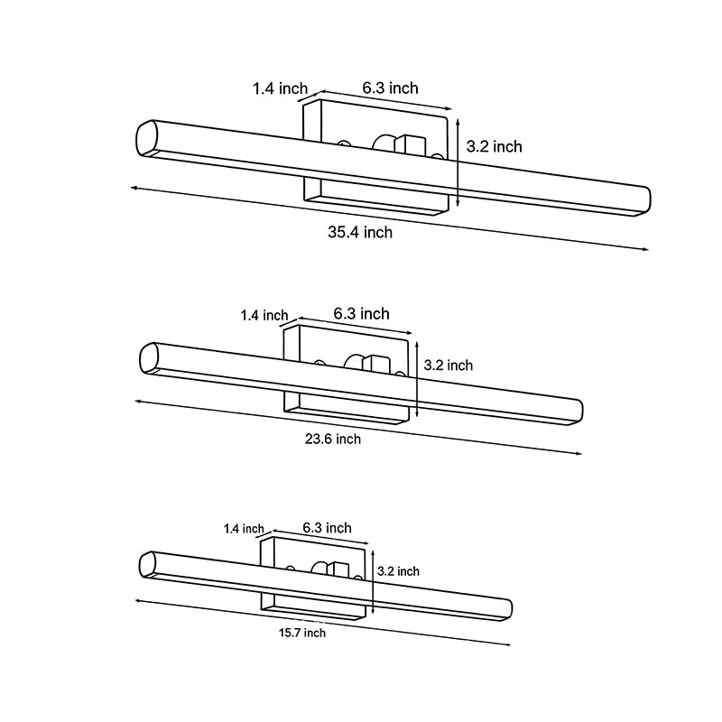 Three product dimension diagrams of wood bathroom vanity light