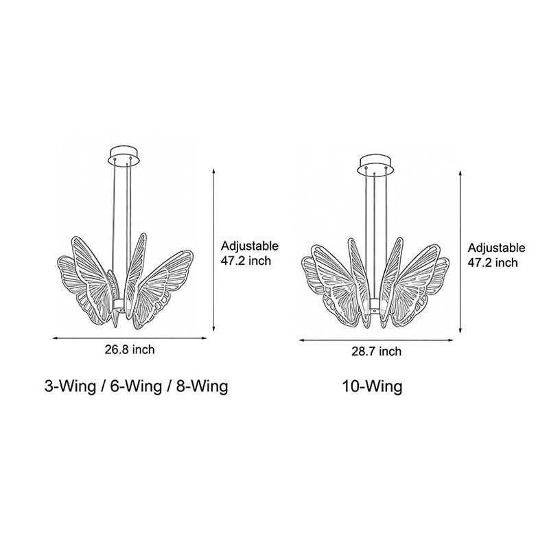 Dimensional drawings of two butterfly pendant light products.