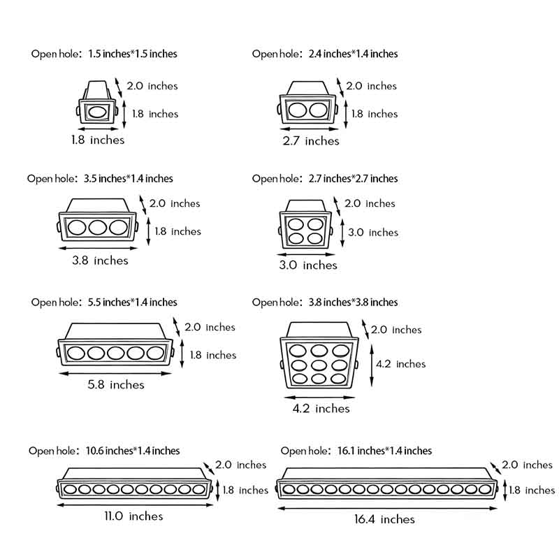 Dimensional drawings of 8 different sizes of LED spotlight bulbs.