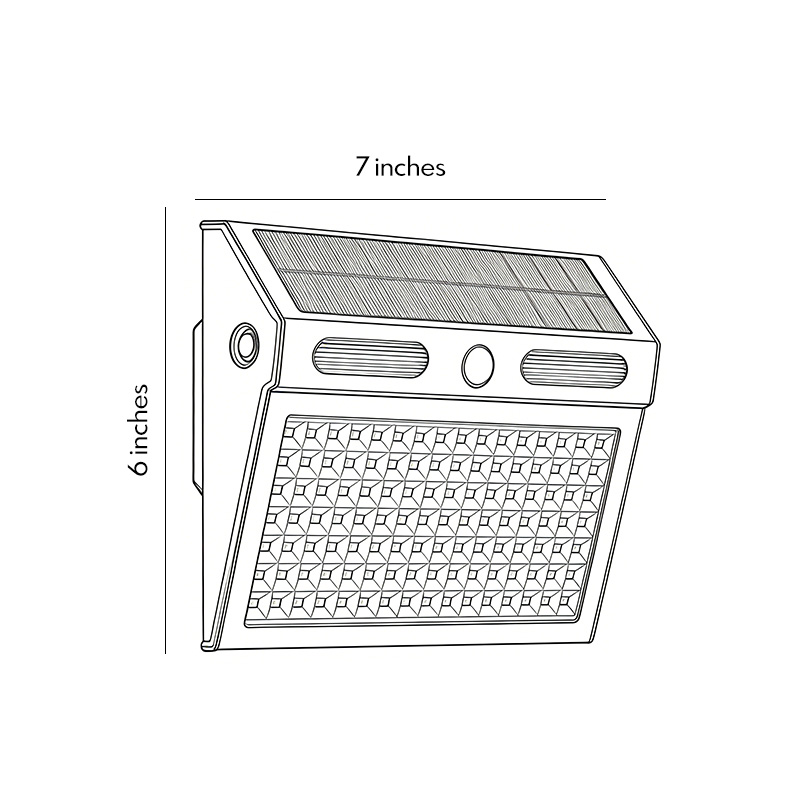 Four product dimension drawings of outdoor solar wall light with motion sensor 7inch*6inch.