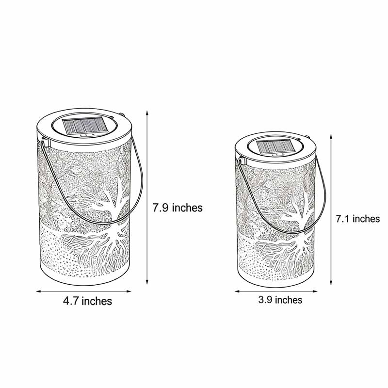 Dimensional drawings of two different sizes of the Tree of Life lantern.
