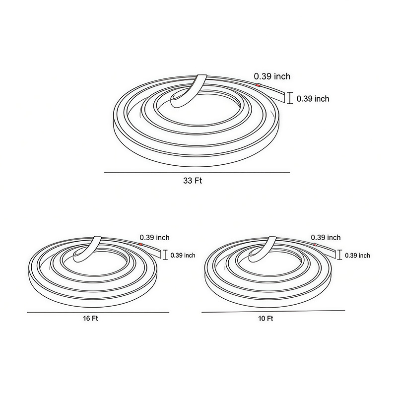 Three product dimension drawings of outdoor embedded LED light strips.