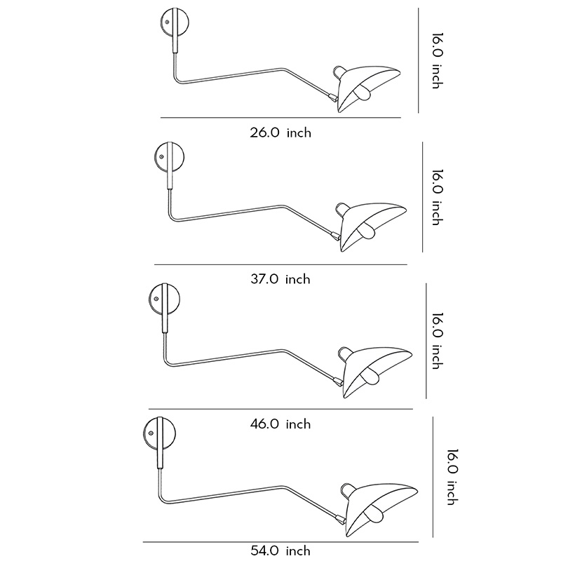 Four dimension drawings of the one arm wall sconce.