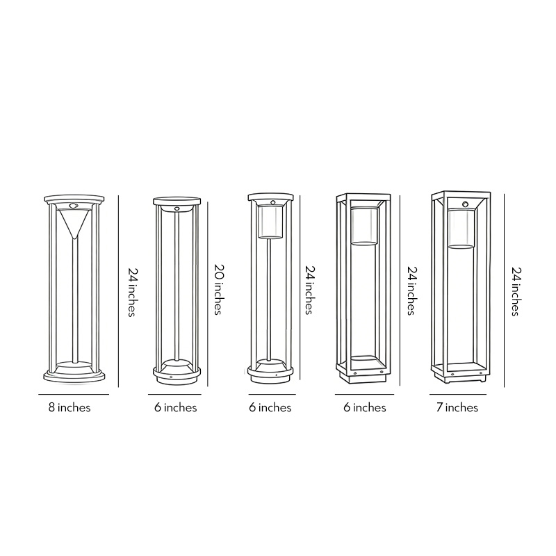 Five different size diagrams of the LED solar bollard lights.