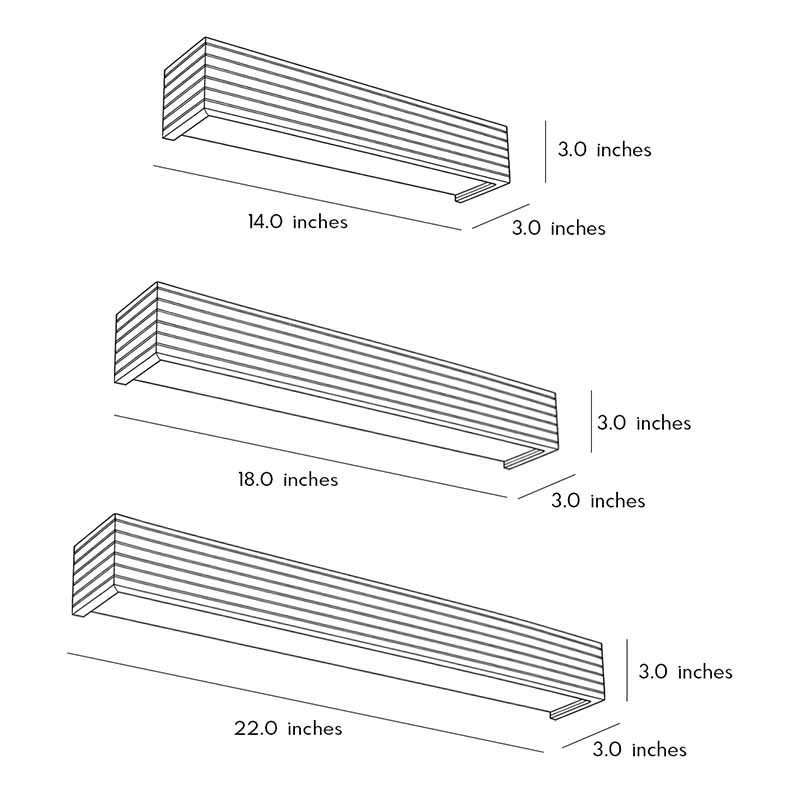 Three size diagrams of the wooden wall lamp product.