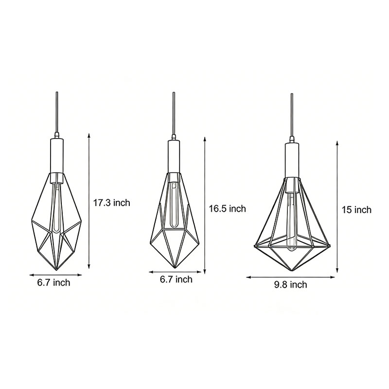Dimensional drawings of three different sizes of the black wire cage pendant light.