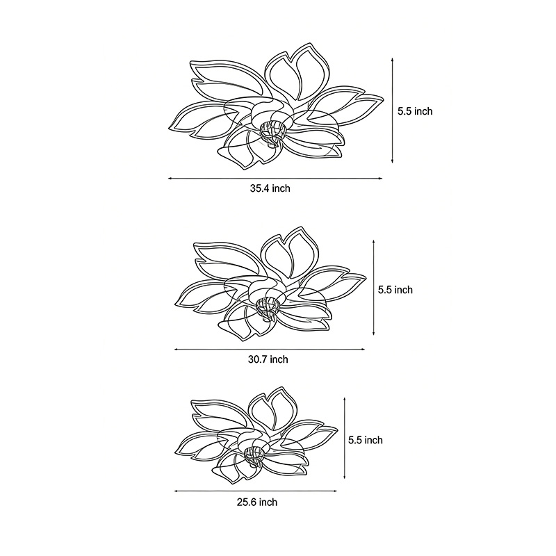 Three different size diagrams for the flower ceiling fan with light.