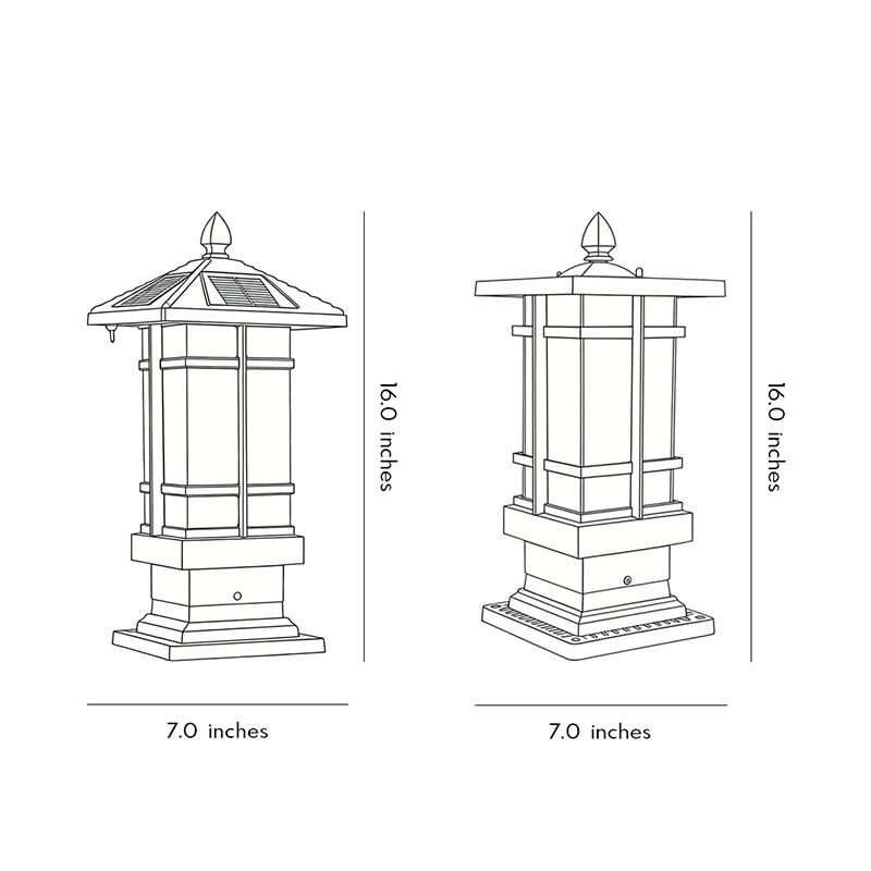 Two product dimension diagrams for outdoor wall pillar lights.