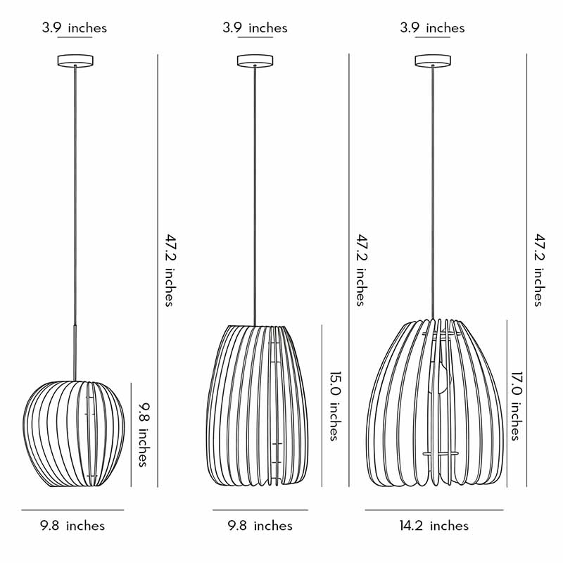 Dimensional drawings of three different sizes of the wood slat pendant light.