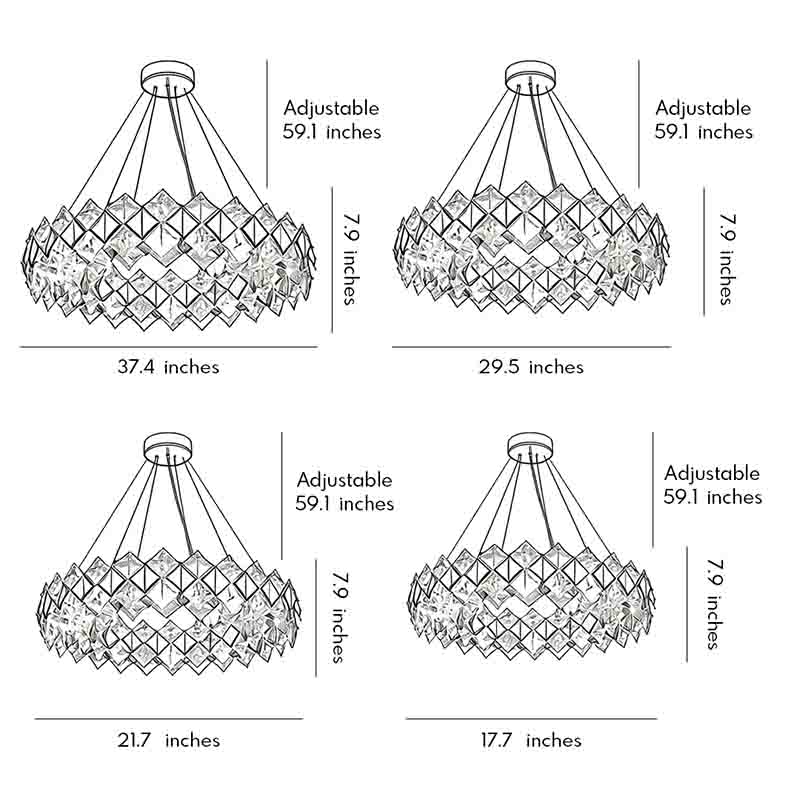 Dimensional drawings of four different sizes of modern luxury crystal room dining chandeliers.