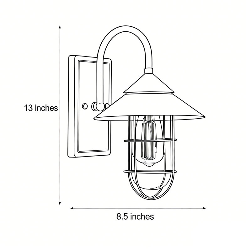 Product dimensions diagram for barn wall light 13inch*8.5inch.