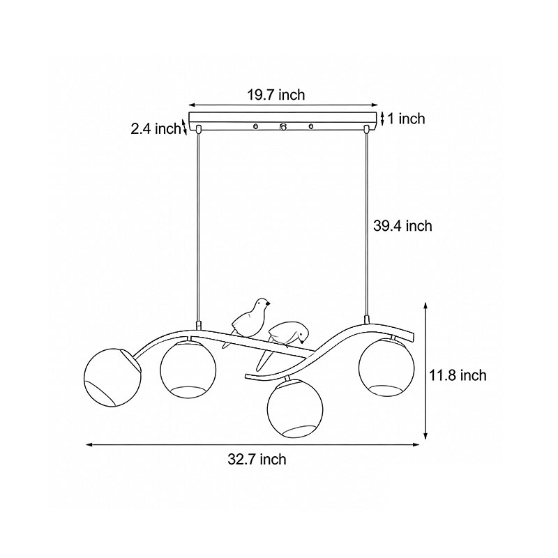 Product dimensions diagram for the tree branch pendant light 32.7inch*11.8inch.