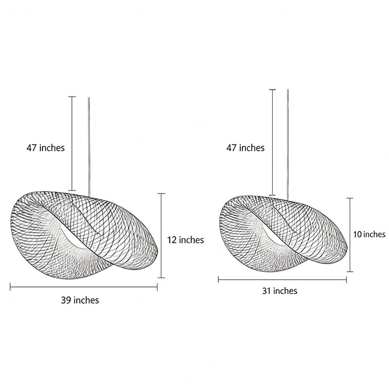 Specifications diagrams of the two versions of the rattan wave pendant light.