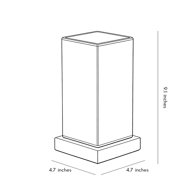 Product dimensions diagram for the square table lamp 4.7inch*4.7inch*9.1inch.