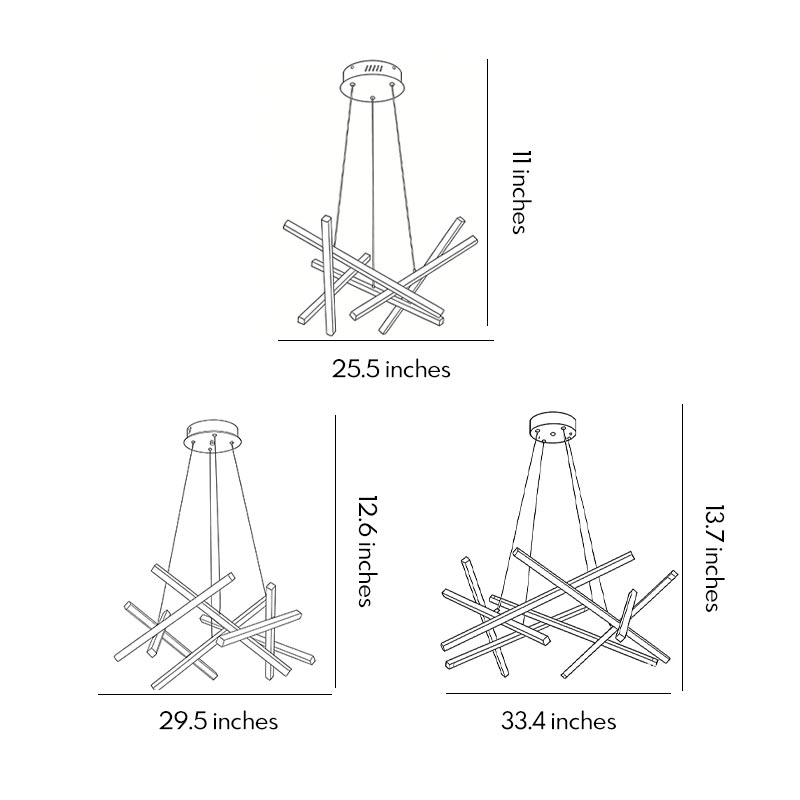 Dimensional drawings of three geometric ceiling light products.