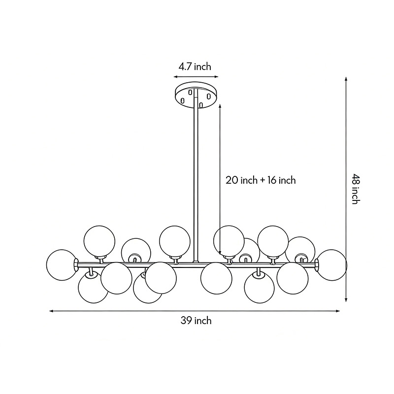 Dimensional drawing of the glass globe linear chandelier 39inch*48inch.