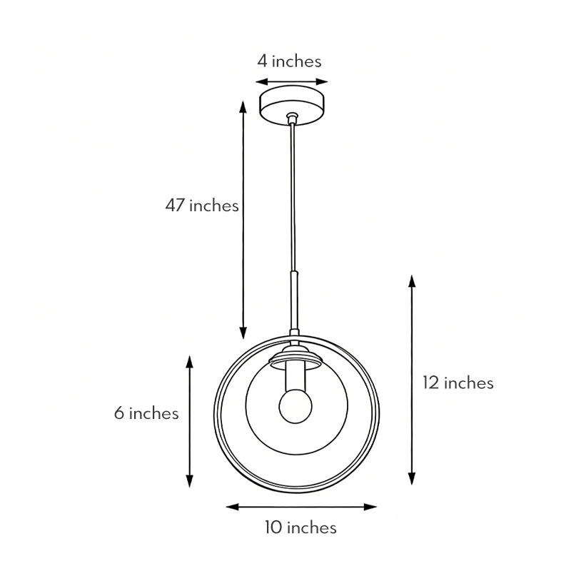 Product dimensions diagram for the mini gold pendant light 6inch*10inch*12inch, 47inch.