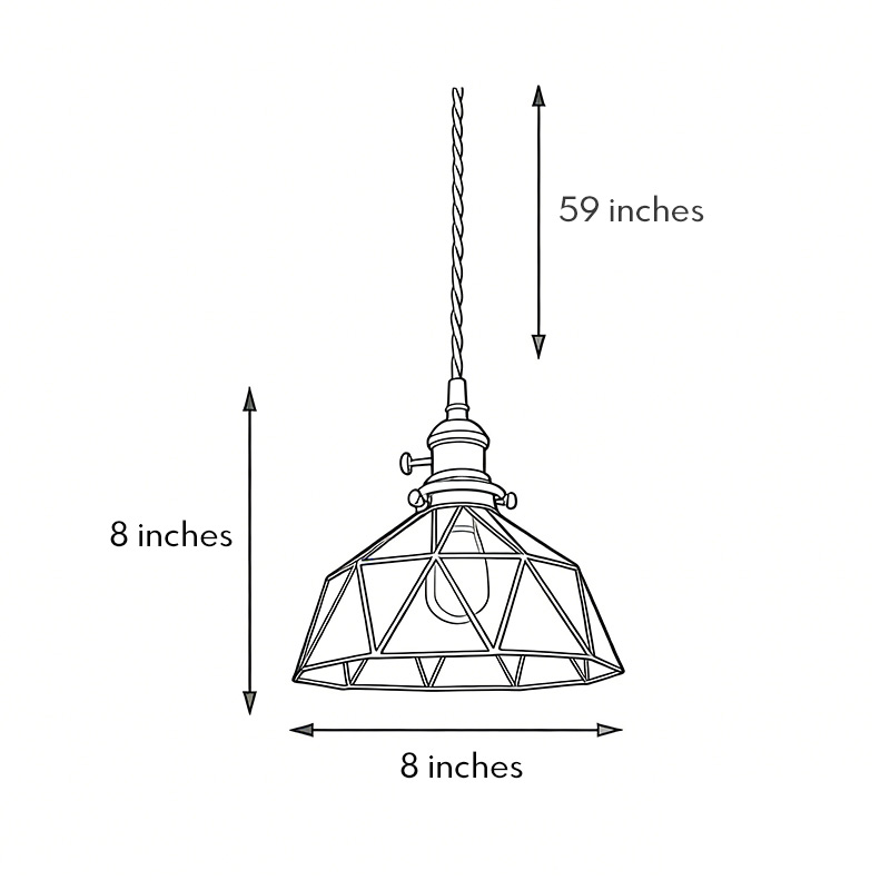 Product dimensions diagram for the amber indoor pendant light 8inch*8inch.