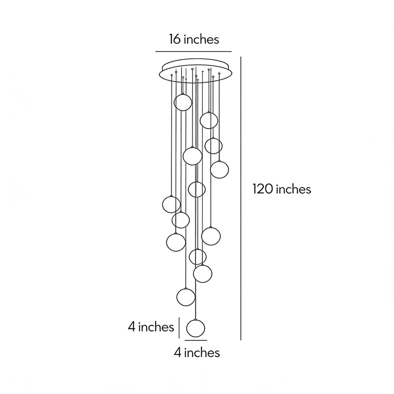 Product dimensions diagram for staircase hanging chandelier 4inch*4inch, 120inch.