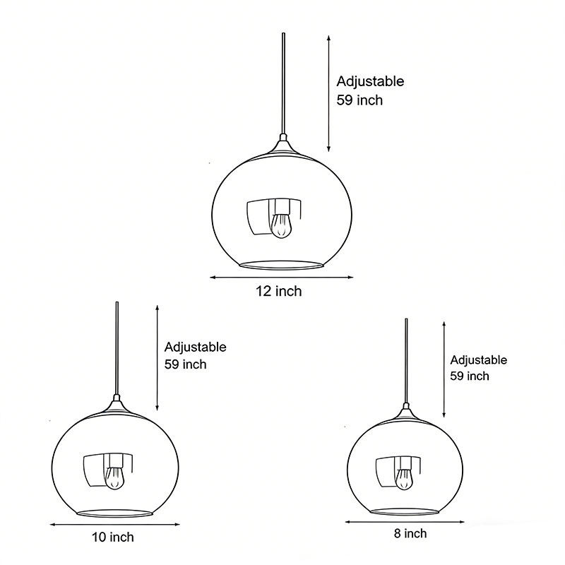 Dimensional drawings of three different glass round pendant light products.